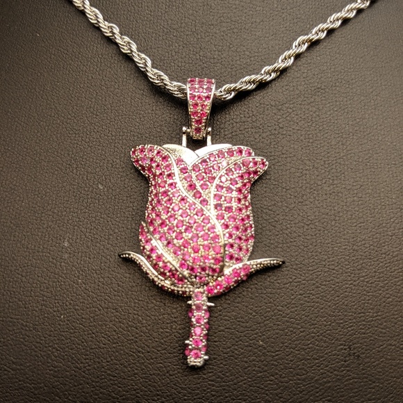 🖤 24" x 3mm Rope Chain + Red Rose Pendant - Picture 2 of 8